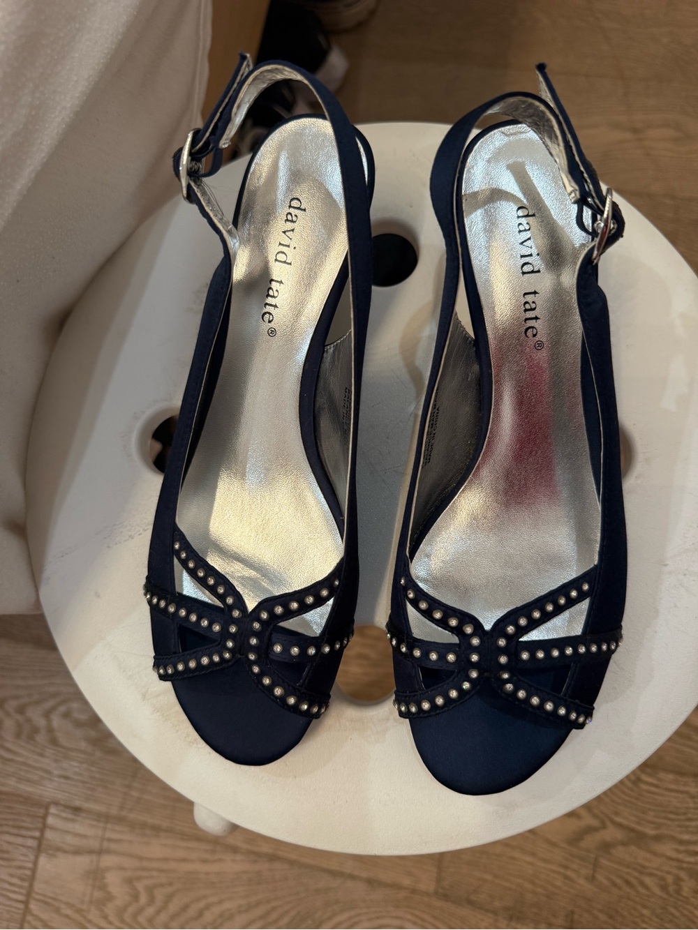 David Tate Navy Studded Slingback Heels